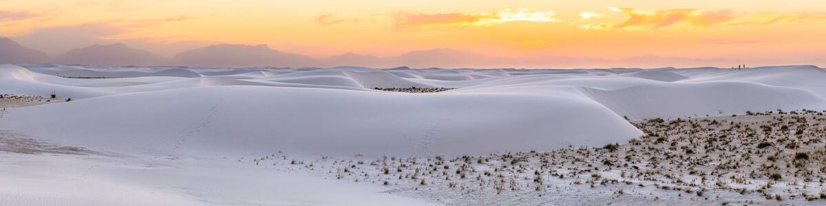 Panorama panoramic view of Organ mountains silhouette at White sands national park monument sand dunes and plants in New Mexico at colorful orange yellow sunset