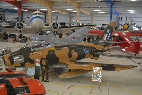 A Canadair Sabre Mk. VI (and lots of other airplanes) seen from the viewing gallery at the War Eagles Air Museum.