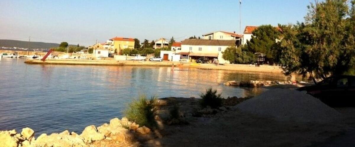 A coastal town with buildings along the shore, a clear sky, and calm water.