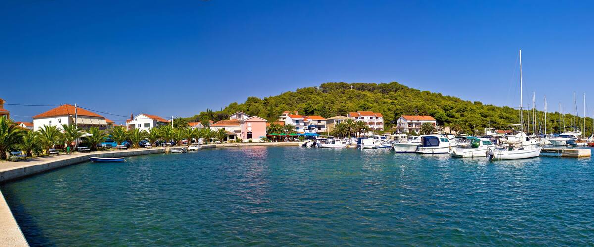 A marina with boats, a hill with trees, and houses with red roofs.