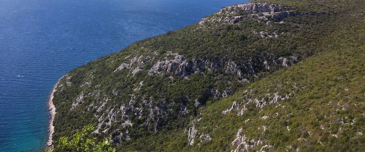A coastal landscape with a clear blue sea, green hills, and rocky cliffs.