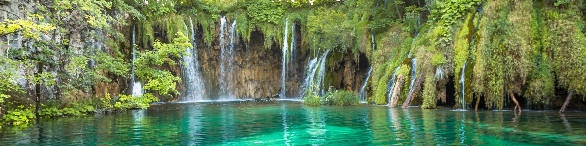 A waterfall cascading into a clear turquoise pool surrounded by lush greenery.
