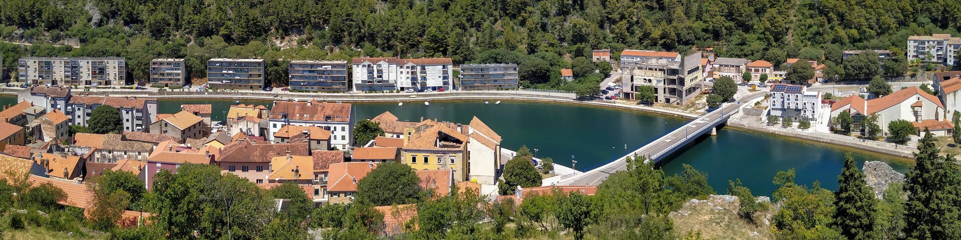 Panoramic view on city Obrovac in northern Dalmatia on river Zrmanja