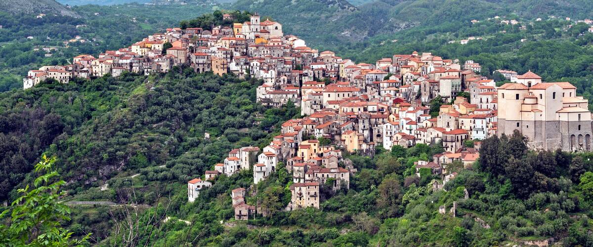 A densely packed hillside village with terracotta-roofed buildings nestled among lush greenery.