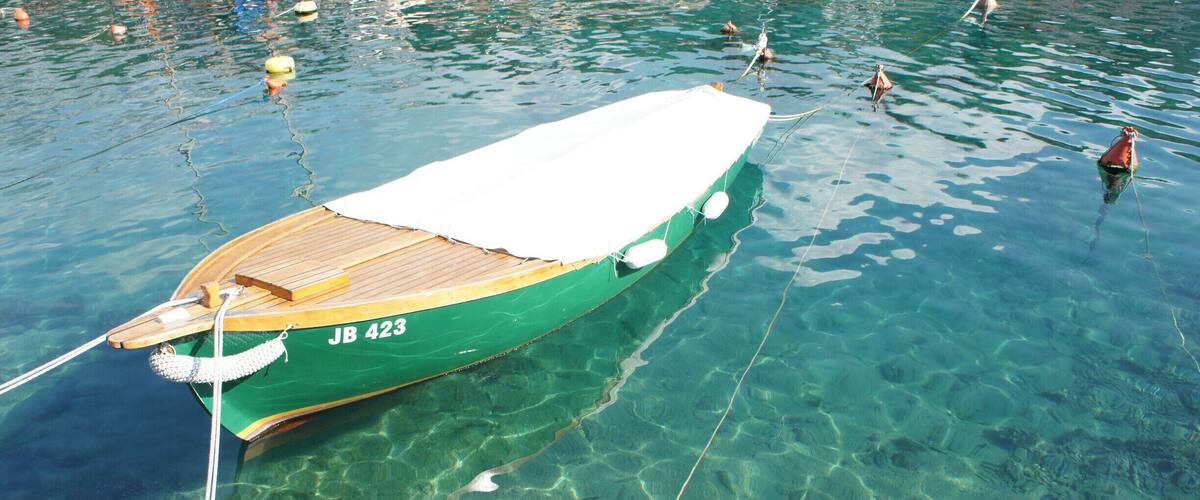 A green boat with the number JB 423 anchored in clear blue water.