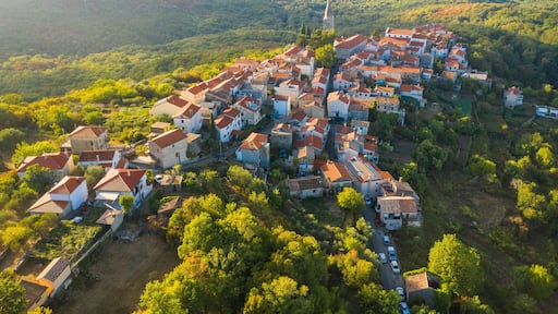 Sunset over the old town of Dobrinj on Krk island in Croatia, aerial view