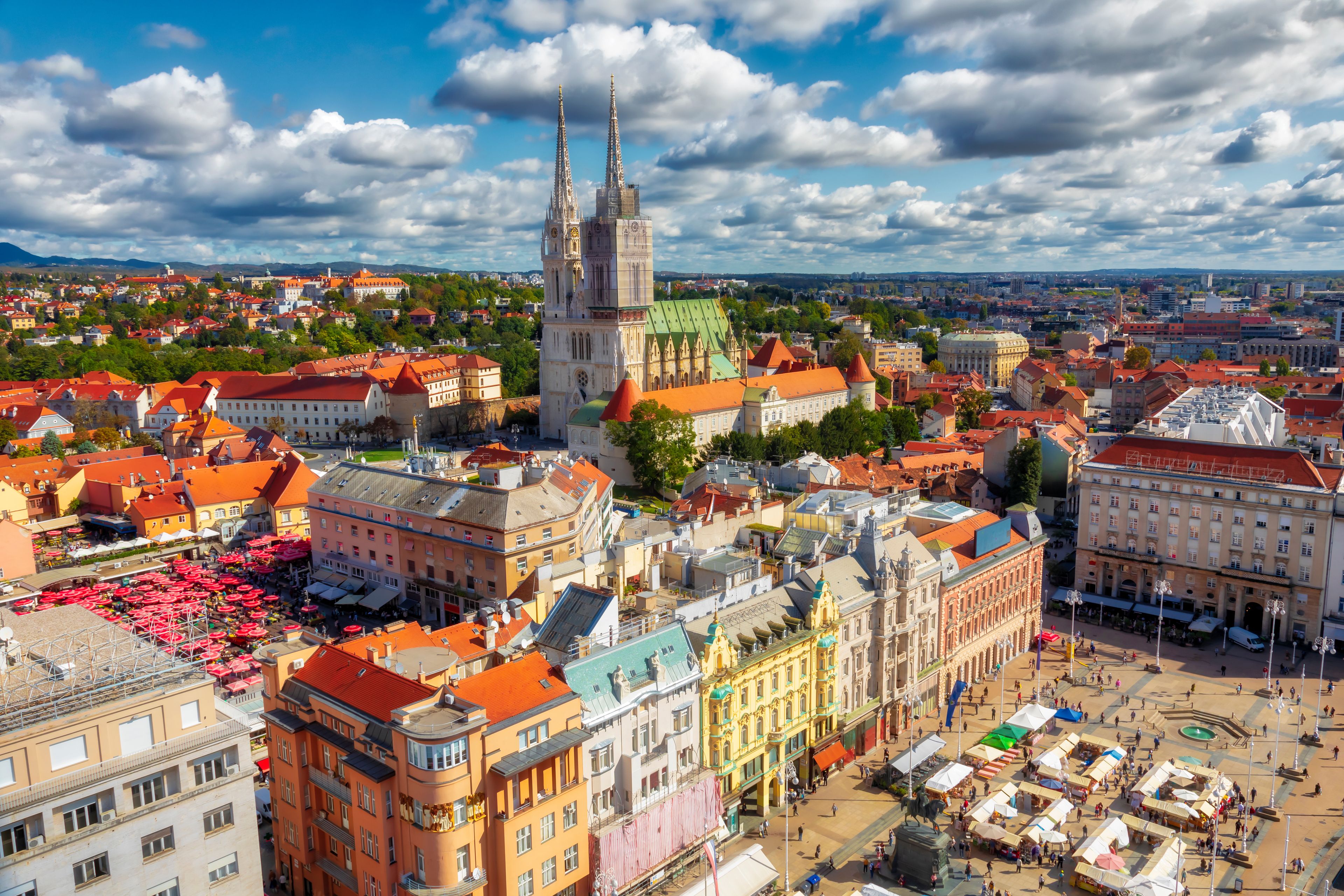 Ban Jelacic Square. Aerial view of the central square of the city of Zagreb. Capital city of Croatia. Image