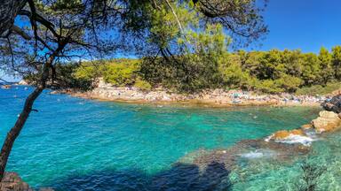 Panorama View of Cyclone Beach in Croatia. Beautiful Summer Sunny Paradise with Adriatic Sea in Pula.
