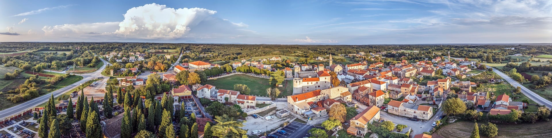 Drone panorama of the Istrian village of Svetvincenat with medieval castle in evening light