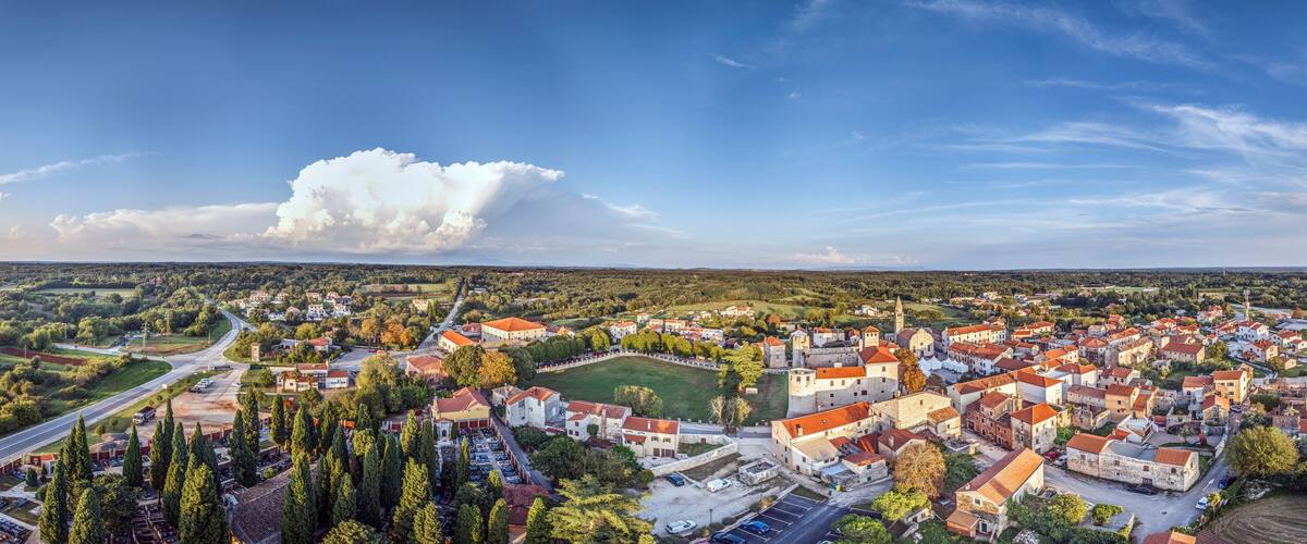 A panoramic view of a town with red-roofed buildings, a prominent castle, and a large cloud in the sky.