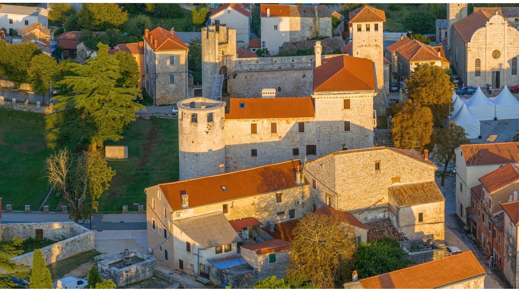 Drone panorama of the Istrian village of Svetvincenat with medieval castle in evening light