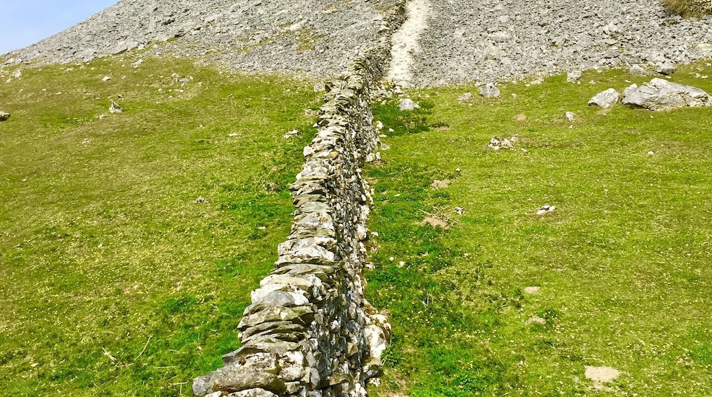 Drystone wall heading up onto Robin Proctor’s Scar. The Scar is popular with rock climbers.
