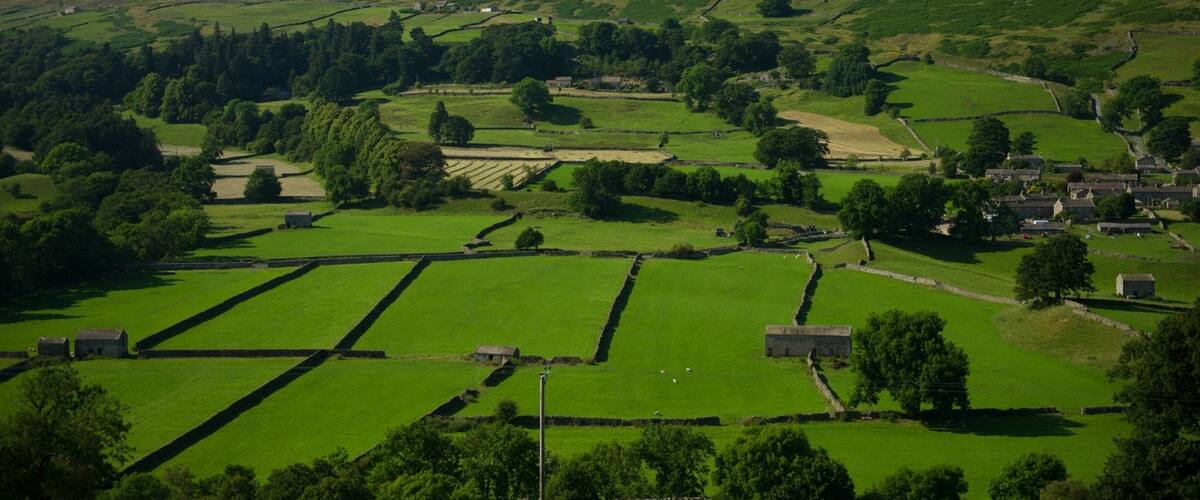 Un paysage rural caractérisé par des champs en terrasses, des murs de pierre et des bâtiments dispersés.