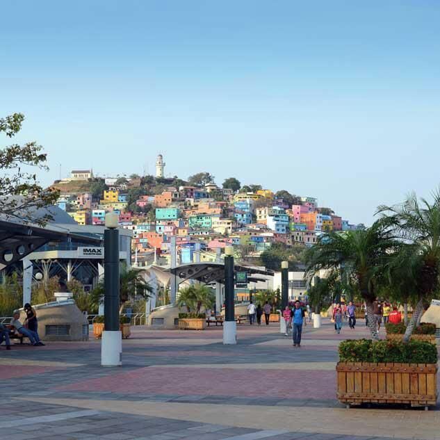walking in the Malecon 2000, with the Santa Ana Hill in the back, Guayaquil