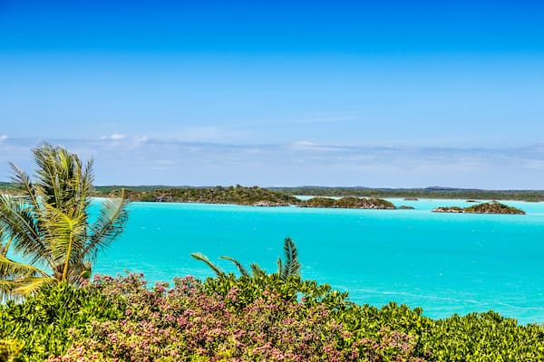 View across turquoise waters of Chalk Sound, Providenciales, Turks and Caicos