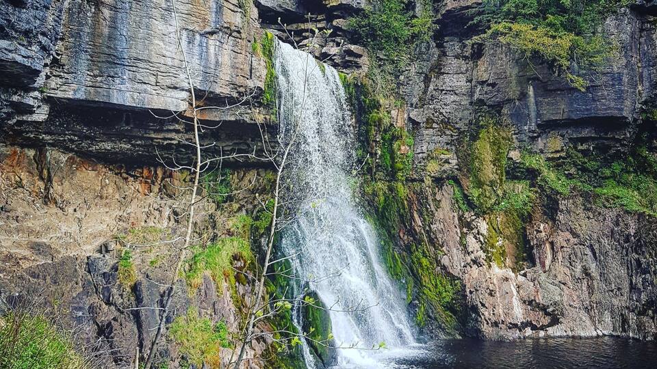 A waterfall cascading down a rocky cliff into a calm pool surrounded by lush greenery.