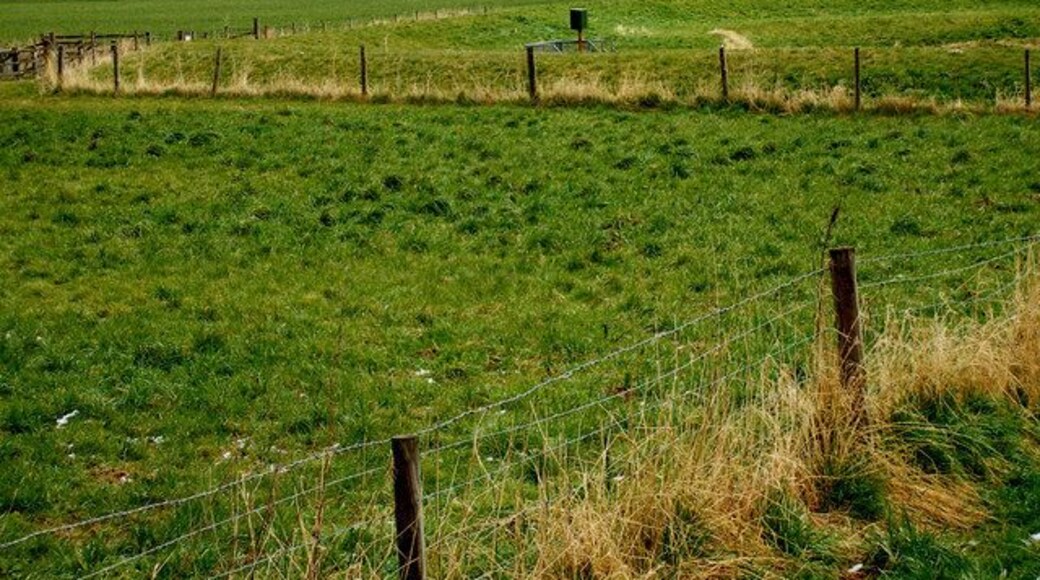 Fenced off flood levees at the side of the Leven