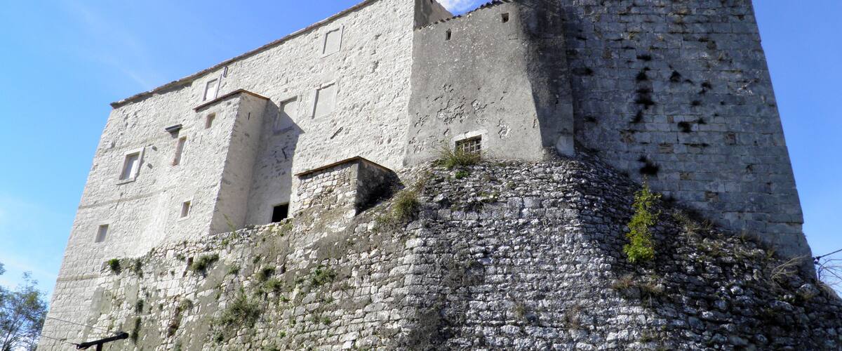 A medieval castle with a tall tower and a fortified wall.