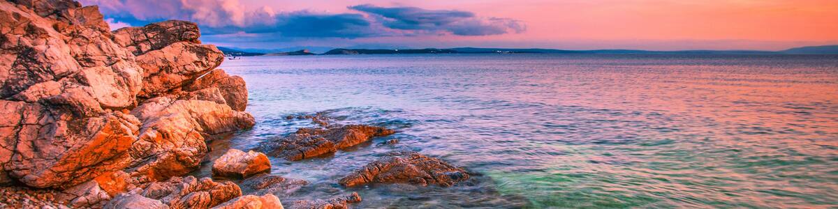 summer croatian view, scenic rocky coast, Rijeka resort, Kostrena beach, Istria, Croatia, Europe