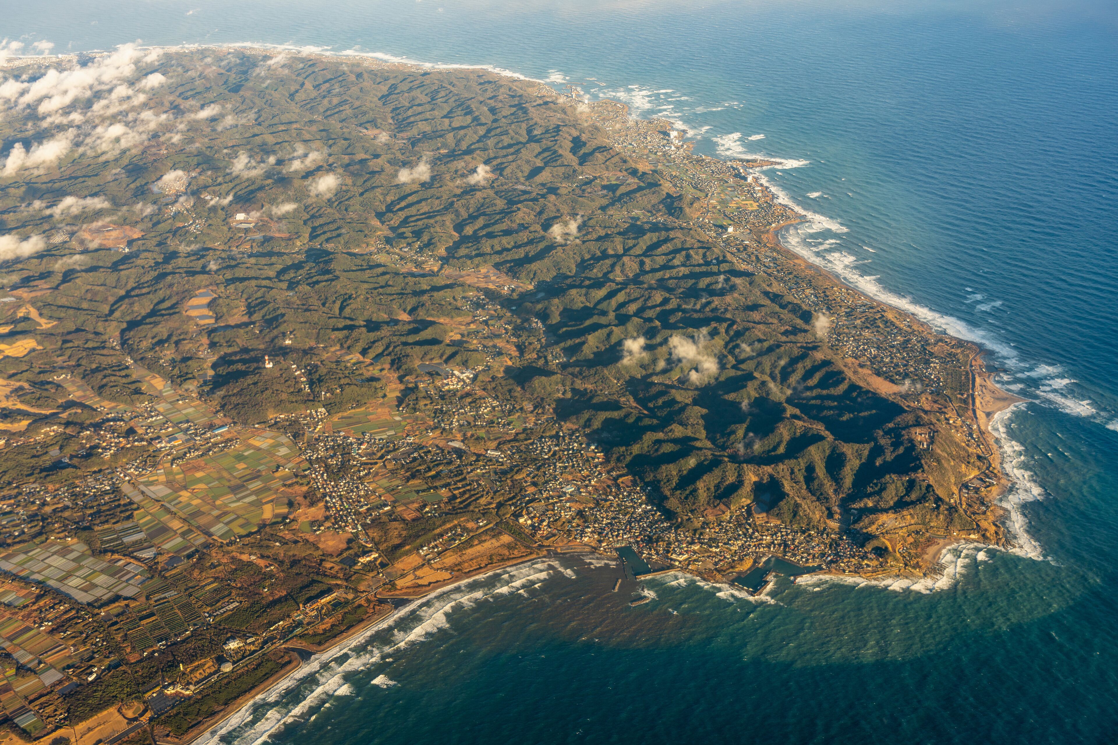 Aerial view of Tateyama city, Minamiboso city, south Boso Peninsula, Chiba Prefecture
