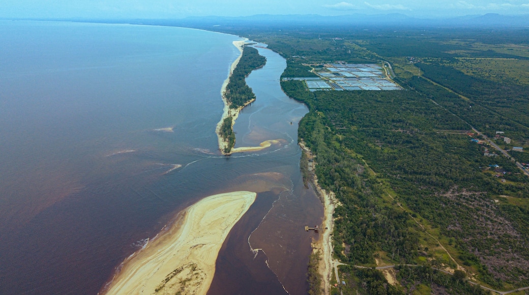 Aerial drone view of coastline scenery in Kampung Badong, Kuala Rompin, Pahang, Malaysia