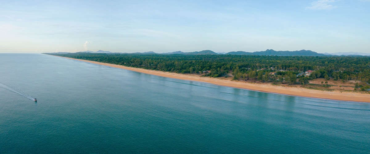 A coastal landscape with a sandy beach, dense forest, and distant mountains.