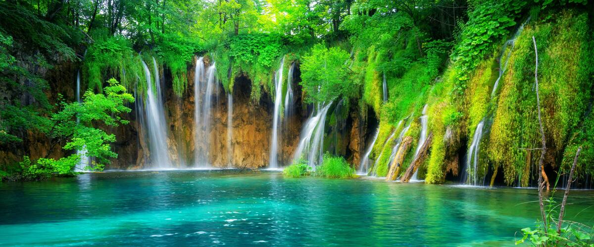 A waterfall cascading into a turquoise pool surrounded by lush greenery.