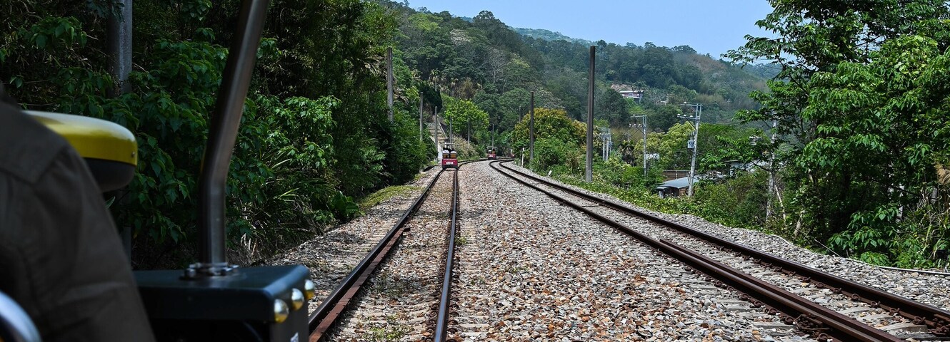 Miaoli, Taiwan - APR 12, 2021: Old Former Mountain Line Rail Bike Station in Sanyi, Miaoli, Taiwan.