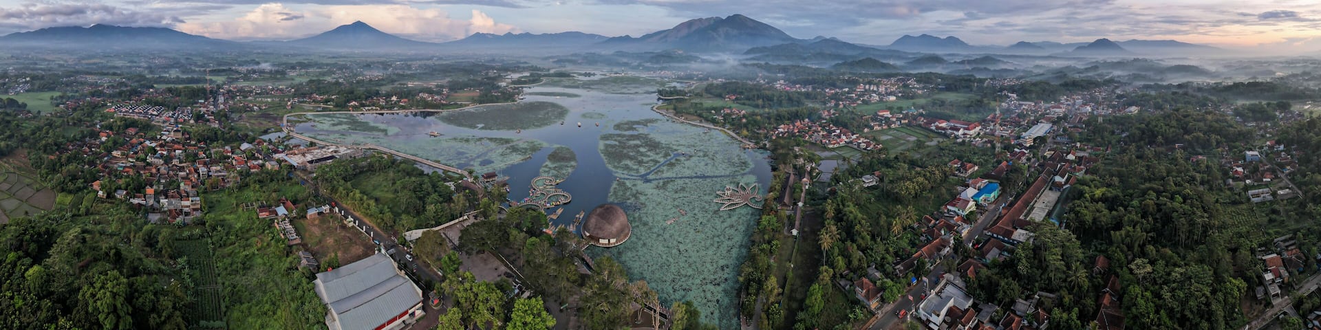 Aerial view of Situ Bagendit is a famous tourist spot in Garut with mountain view.