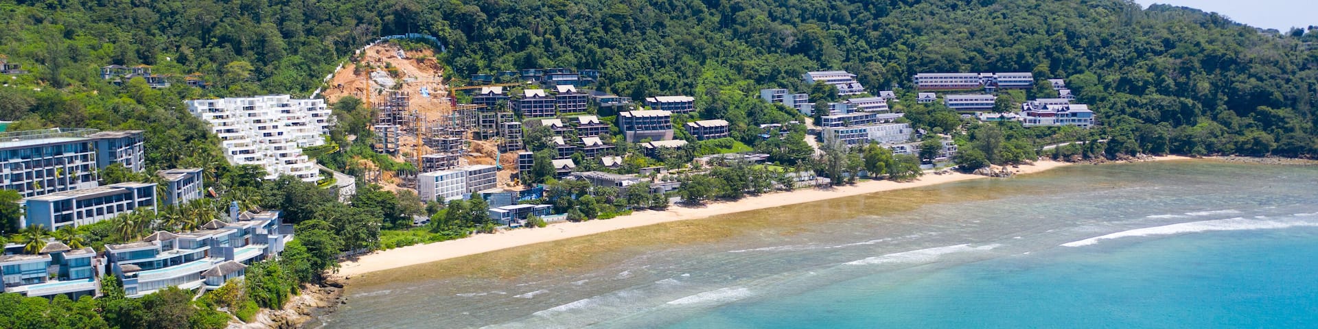 Aerial: Bay of tropical ocean with the beach - Thailand, Phuket, Kamala