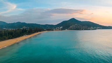 Aerial view of kamala beach at sunset in Phuket in Thailand