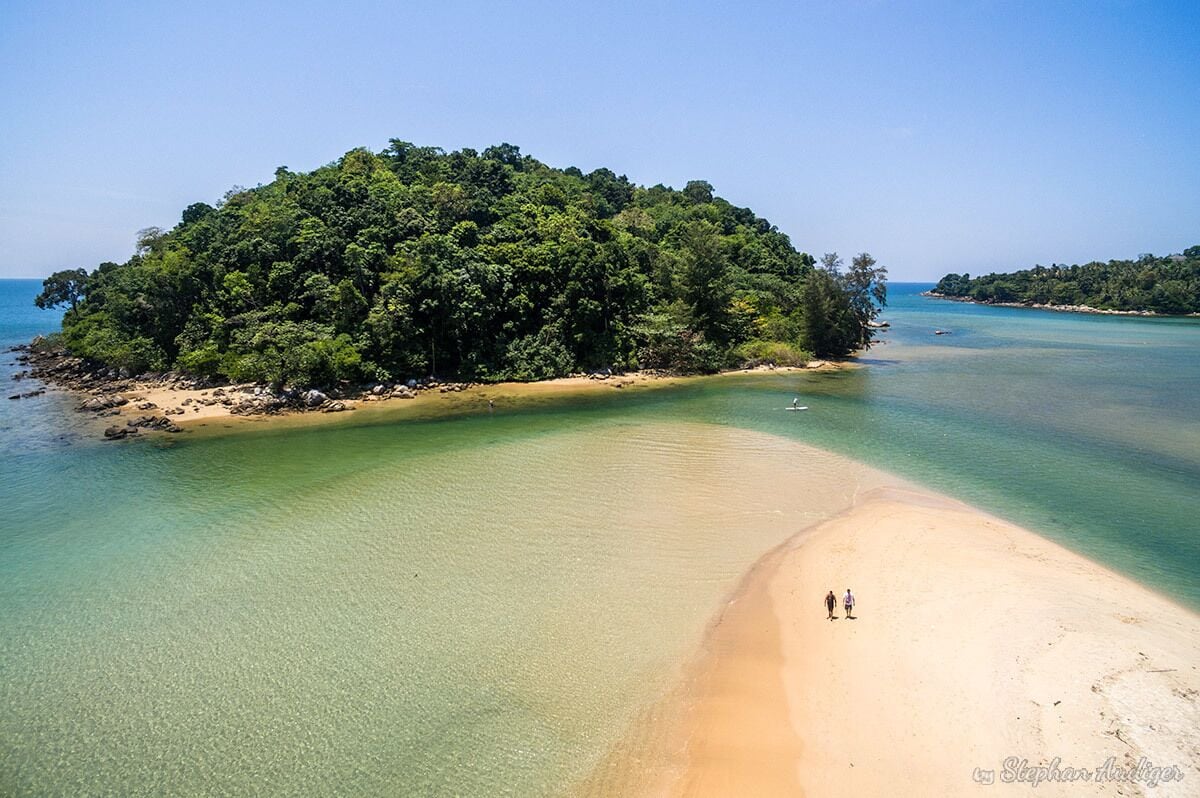 Aerial view of Kala Island at the northern tip of Layan Beach in Phuket. This beach is a great spot to get away from the crowds and is part of Bangtao Bay, one of the favourite spots to stay in Phuket. Hotels, restaurants, boutiques and cool bars are at hand in this area. #LifeAtExpedia