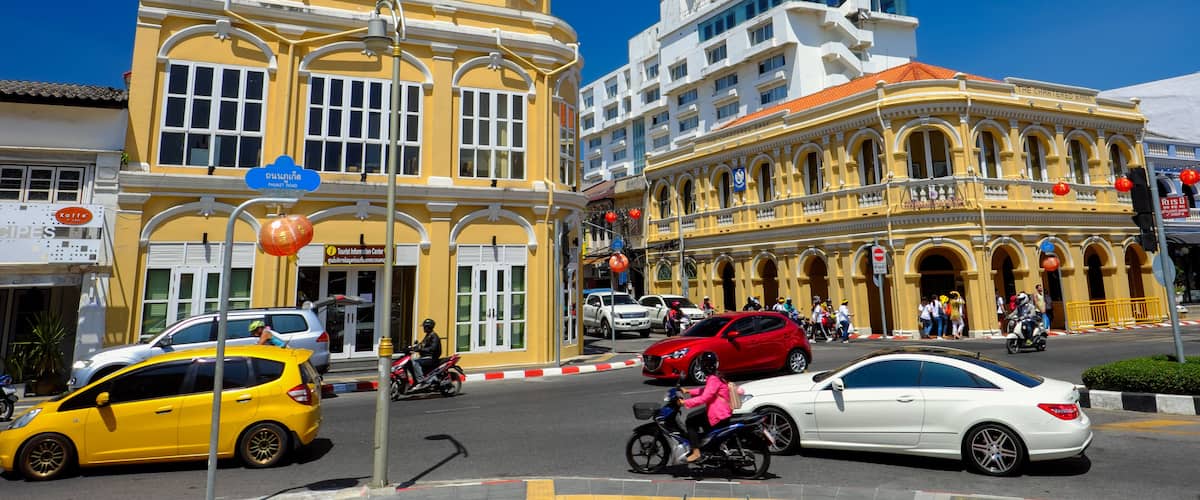 PHUKET, THAILAND - MARCH 01, 2018: Renovated Sino Portuguese Architecture in Phuket old town against blue sky.