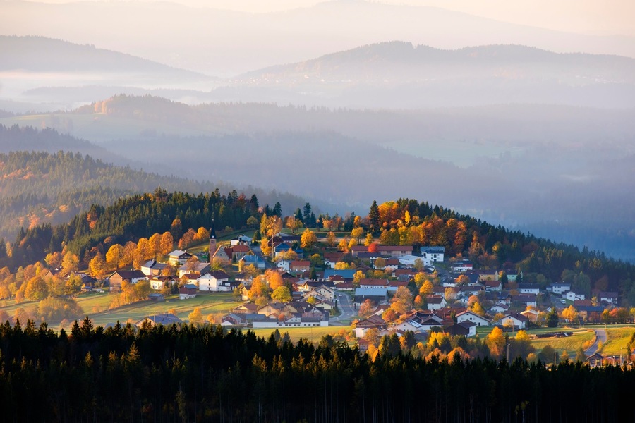 Finsterau near Mauth, view from the Siebensteinkopf, Bavarian Forest, Lower Bavaria, Bavaria, Germany, Europe