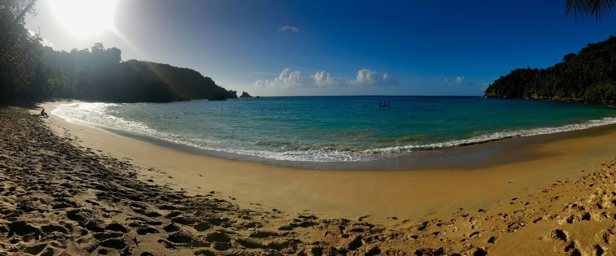 A beach with clear turquoise water, sandy shore, and dense forested hills in the background.