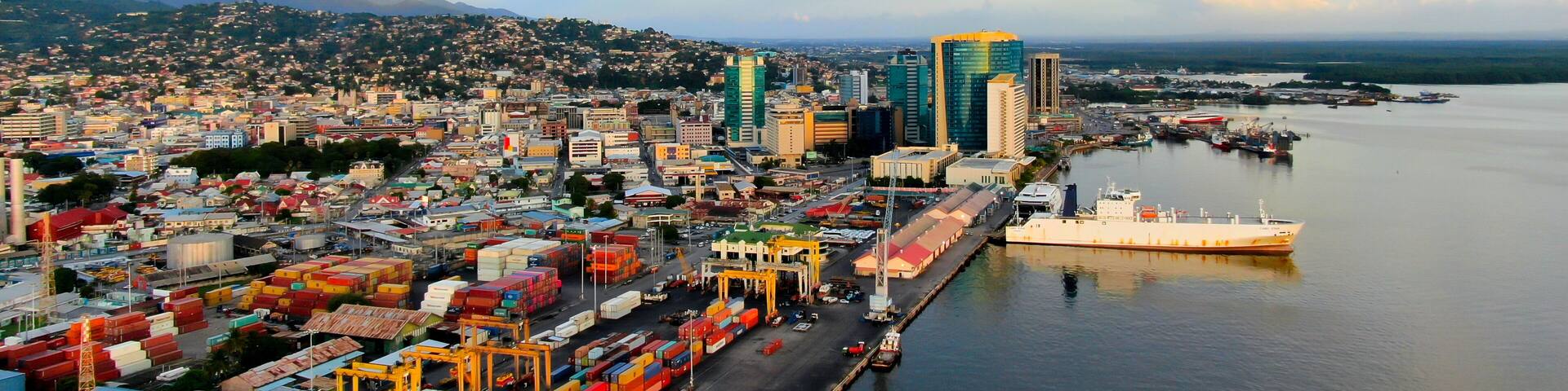 Aerial view of Port of Spain / Trinidad and Tobago, port, container terminal, government buildings