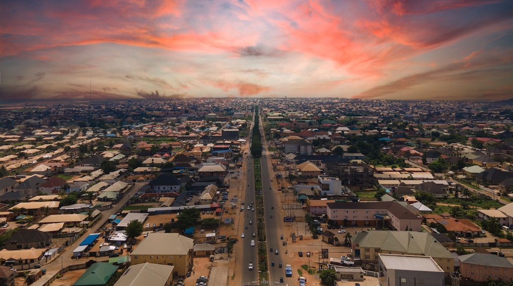An overview of the city of Asaba, Delta, Nigeria at sunset