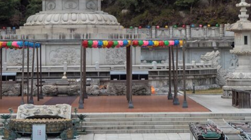 Reunification Buddha at Doughwasa Temple
Donghwasa Temple is on the southern side of Mt. Palgongsan, South Korea.
On its grounds is a 17 meter high statue of a Buddha of Medicine (Yaksayore-bil). Medical Buddhas are often depicted wearing a hat. It was completed in 1992 in hopes of reunification of the Korean Peninsula.
Donghwasa Temple is one of the temples involved in the Temple Stay Program. This is a program which allows lay people to stay a night or two and experience Buddhist practices.