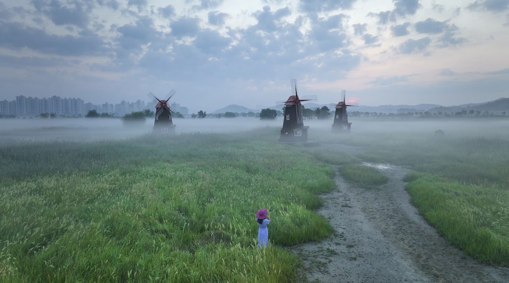 A misty landscape with windmills and a path leading through a field.