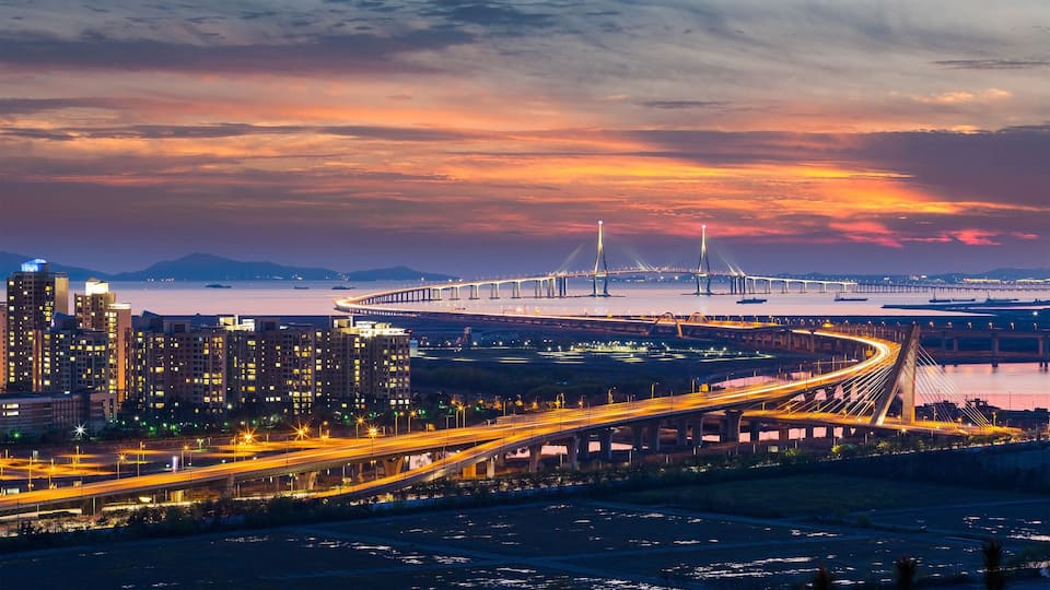 Incheon bridge at Sunset in Aerial view, South Korea.