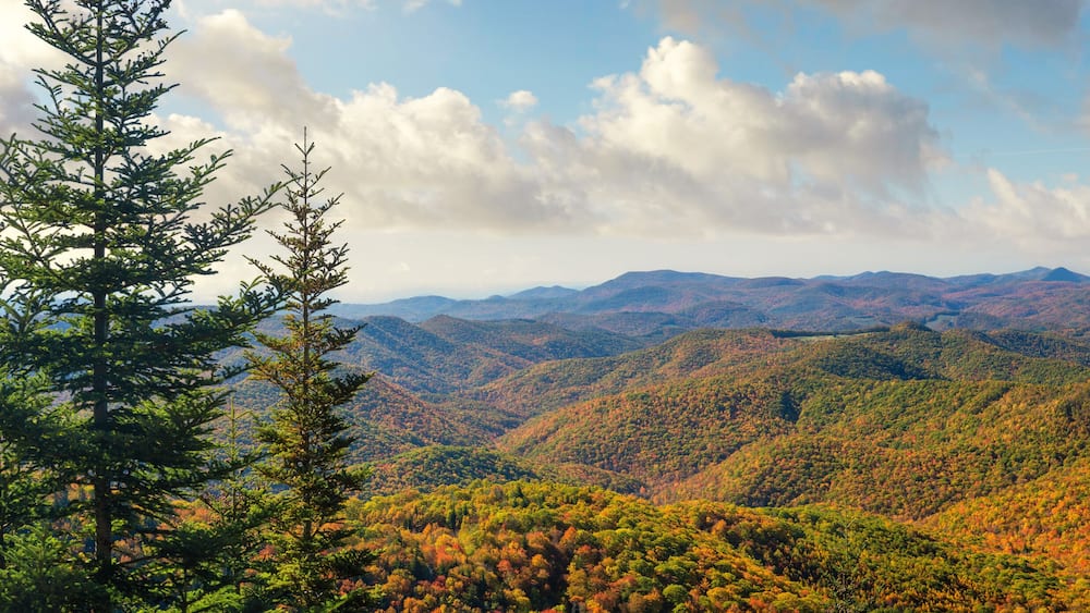 A mountainous landscape with autumn foliage.