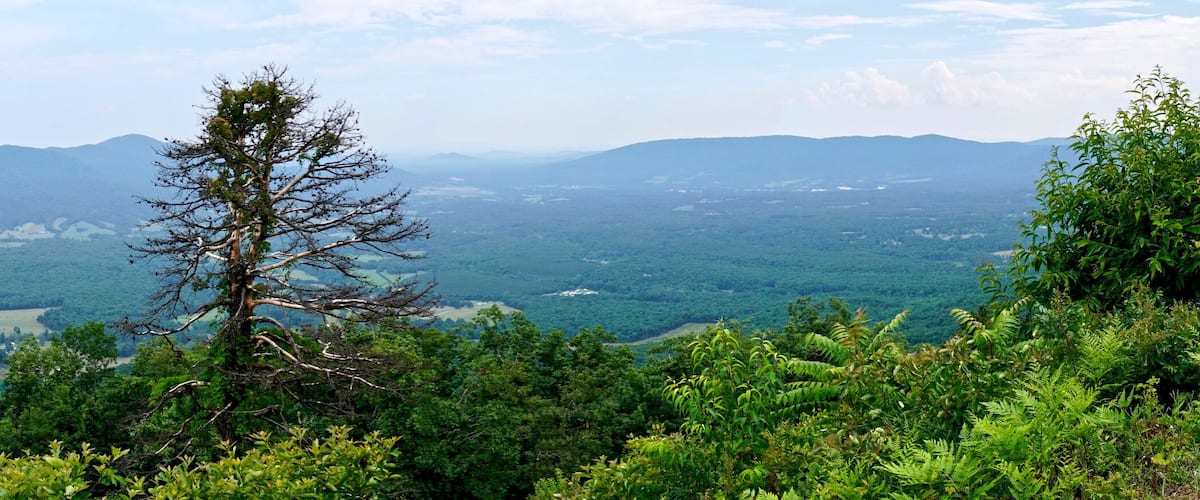Panoramic view from the Devils Backbone overlook on the Blue Ridge Parkway in Virginia. Cahas Mountain, Blackwater Valley, Grassy Hill, Cahas Knob, and Pine Spur.