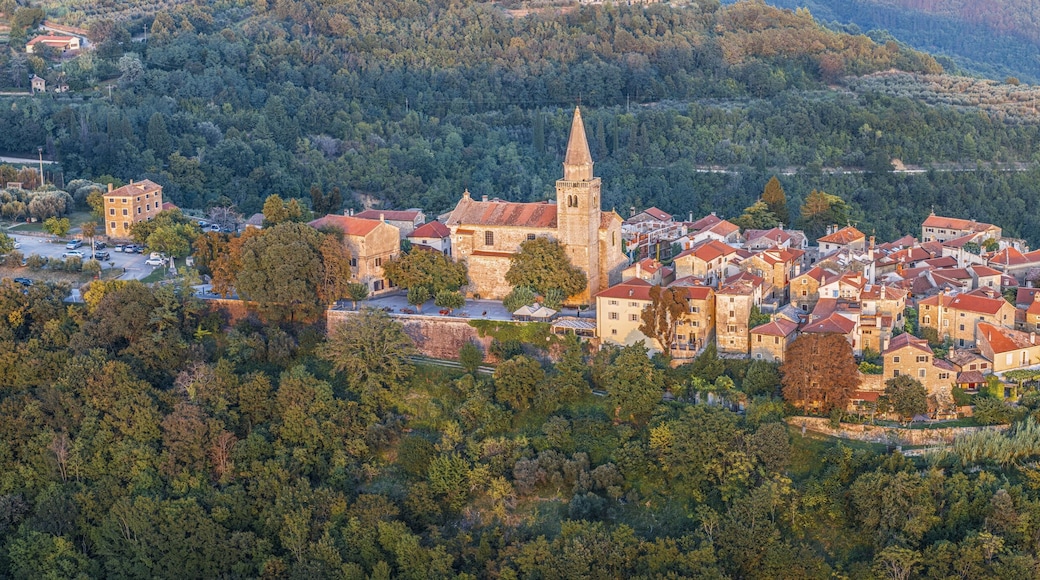 Drone panorama over the historic artists' town of Groznjan in central Istria at sunset