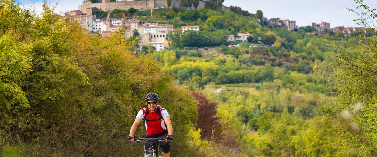 A cyclist on a dirt path with a castle in the background.