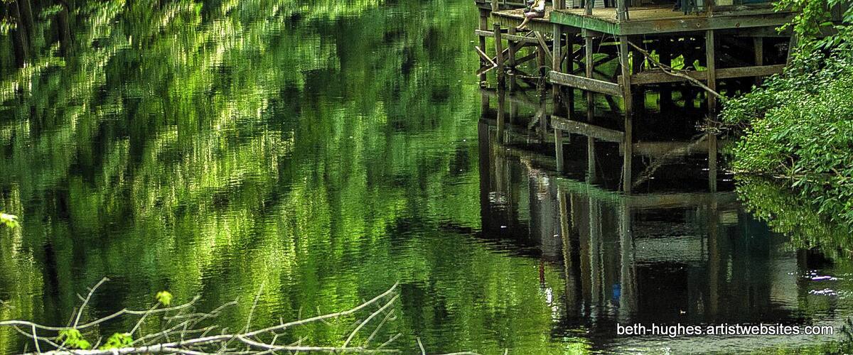 A wooden houseboat on a calm river surrounded by dense greenery.