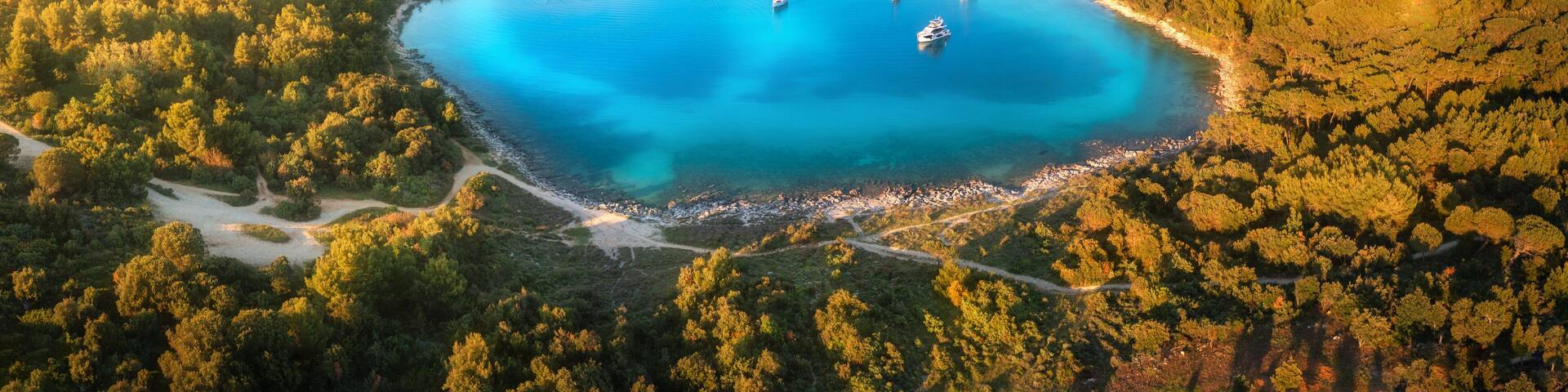 Aerial view of beautiful yachts and boats on the sea at sunset in summer. Adriatic sea, Kamenjak, Croatia. Top view of luxury yachts, sailboats, lagoon, clear blue water, and green forest. Travel