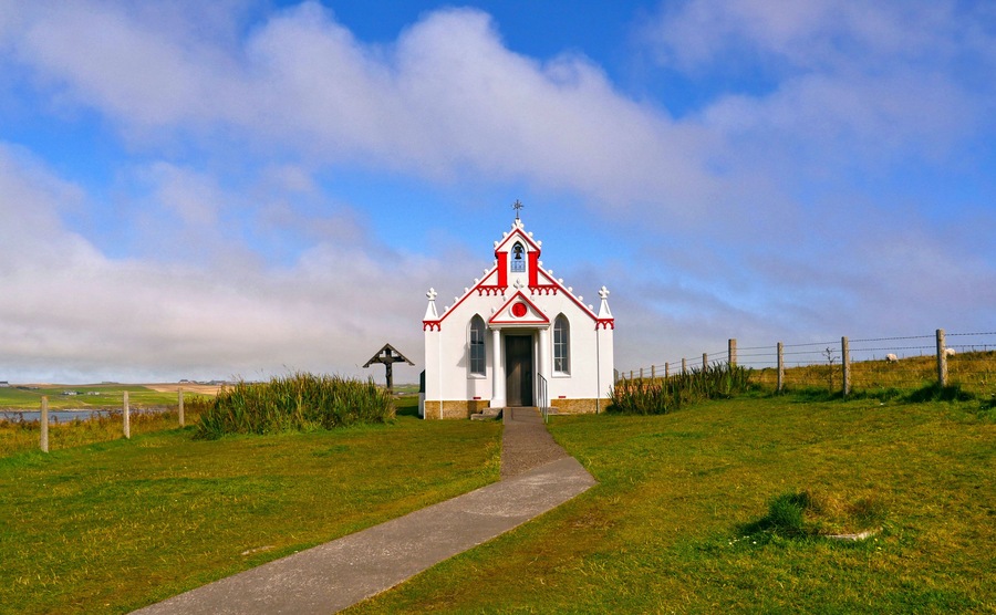Orkney Islands, Scotland / Highlands - August 2014: The Italian Chapel on Lamb Holm in the Orkney Islands