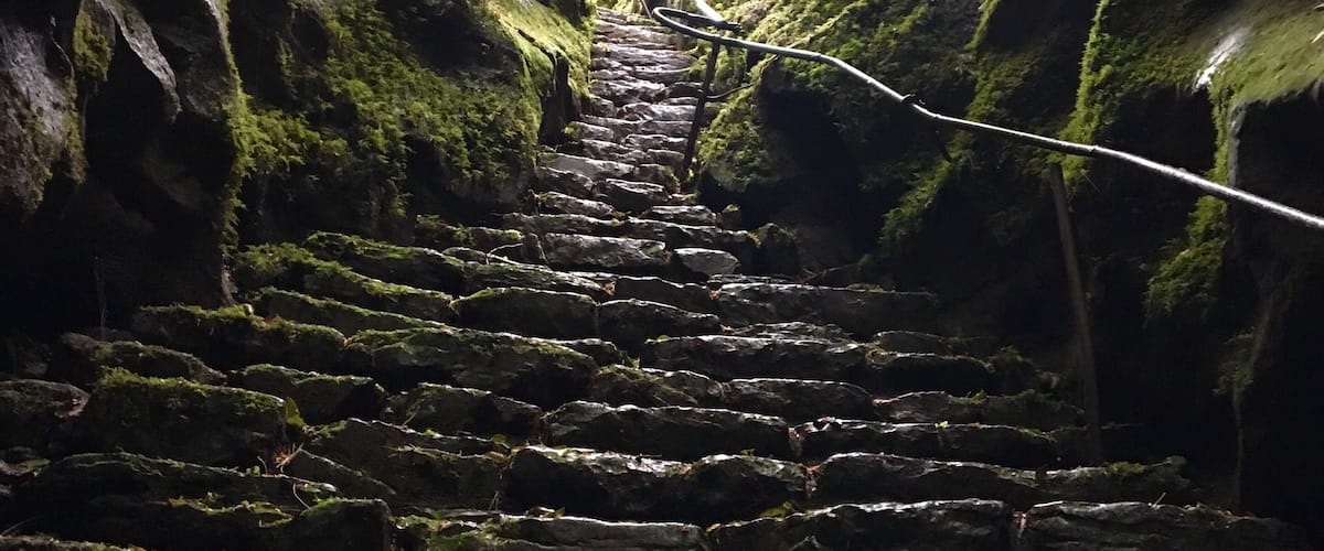 A stone staircase ascending between moss-covered rock walls.