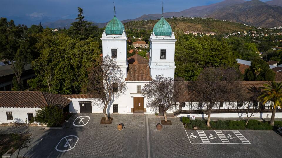 Aerial view of the Church of San Vicente de Ferrer de Los Dominicos in Santiago de Chile and magnificent City
