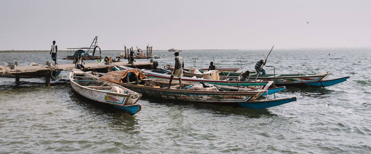 A calm body of water with several small boats docked at a pier.